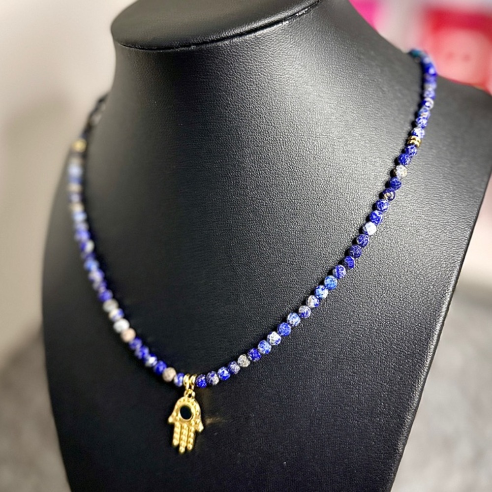 Natural Lapis Lazuli & Hamsa Hand Stainless Steel Pendant Necklace
